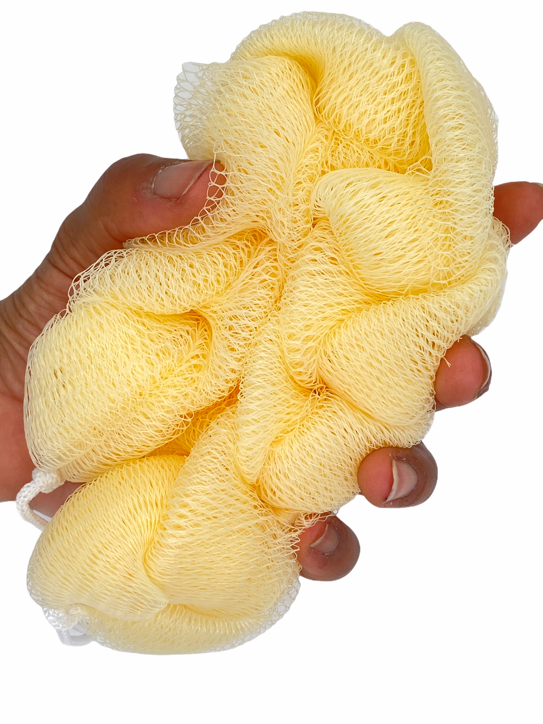 mesh bath belt squeezed in hand