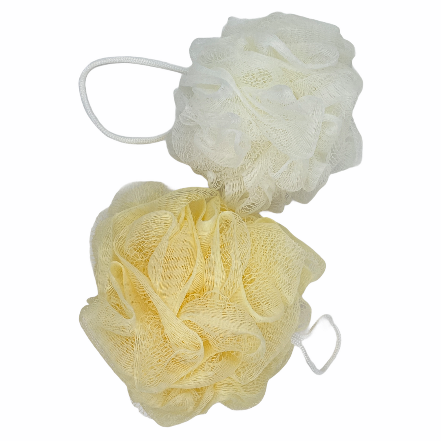 white shower pouf and natural shower pouf